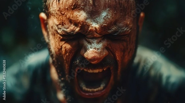 Obraz Sweaty, determined man yells with grit, intense eyes shut tight, under harsh light. Great image to portray struggle, anger, frustration, or extreme emotion.