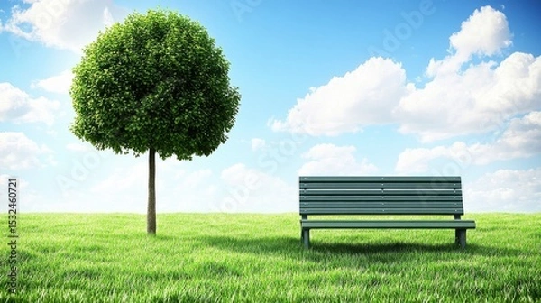 Fototapeta Green Tree and Wooden Bench in Summer Park Under Blue Cloudy Sky