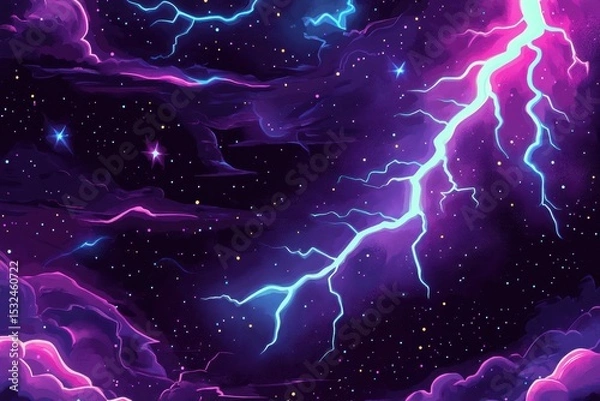 Fototapeta A vibrant cartoon image of a stormy night sky filled with stars and lightning. Use this exciting background for gaming, posters, or digital media projects.
