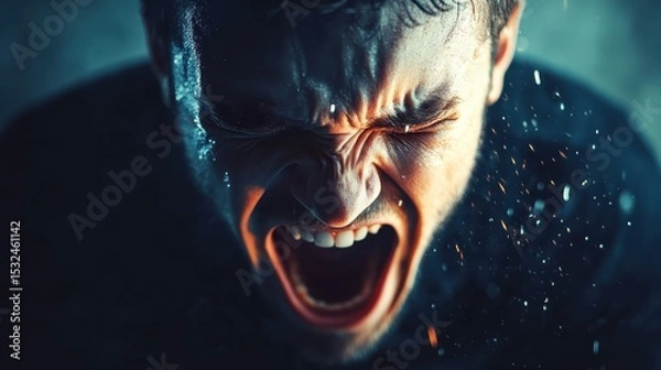 Obraz Man with intense expression screams, close-up, in the dark, droplets of sweat. Image depicts stress, anger, frustration, or mental health issues.