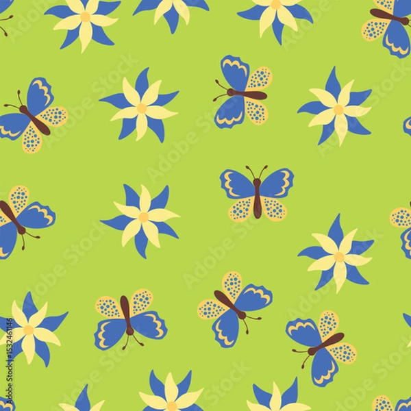 Fototapeta Seamless blooming floral pattern based on hand drawn art ornaments. Colorful flowers, leaves, plants on color background. Vector illustration. Simple minimalistic pattern for fabric, textile.