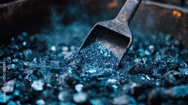 Fototapeta Rustic scoop shovels shiny coal in the blacksmith forge, close-up. Use for industry, craftsmanship, heat or power themes.