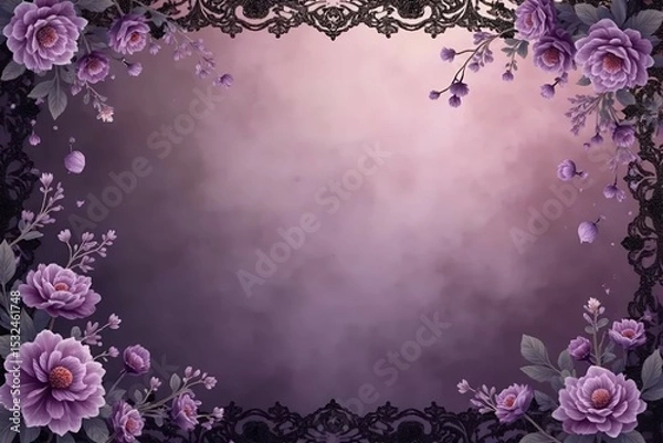 Fototapeta Rich plum and dark wine gradient invitation background with soft purple florals and faint black lace texture. 