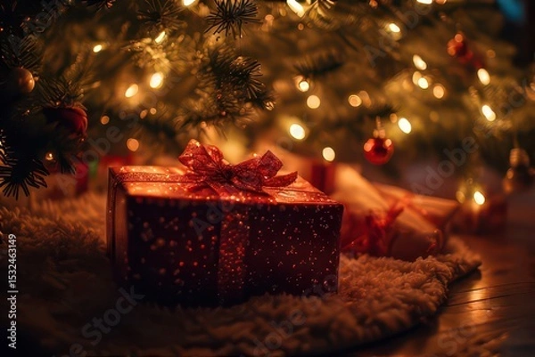 Fototapeta A close-up of a beautifully wrapped Christmas gift under a twinkling Christmas tree, evoking the joy and warmth of the holiday season .