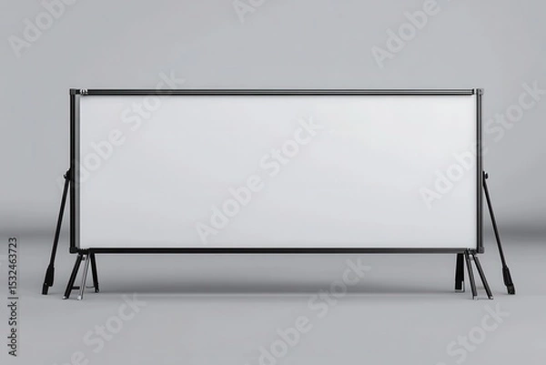 Fototapeta Blank projector screen with black frame and legs on a gray background. Ideal for presentations, photo shoots, and showcasing creative content.