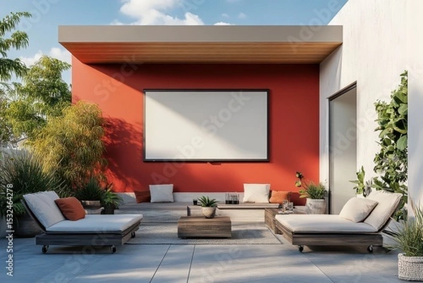 Fototapeta Outdoor patio with a blank projection screen and modern furniture. Ideal for illustrating outdoor living spaces or home entertainment ads.