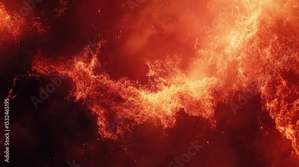 Fototapeta Fiery nebula, orange fractal smoke, a cosmic abstract, and dark background. Perfect for use as a background, wallpaper, or artistic effect.