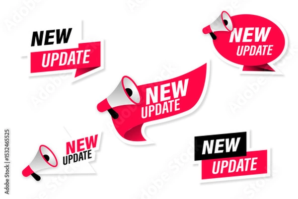 Obraz set of stickers in red style with new update text and vector megaphone