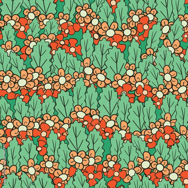 Fototapeta Seamless floral pattern based on traditional folklor art ornaments. Colorful flowers on color background. Scandinavian style. Sweden nordic style. Vector illustration. Simple minimalistic pattern.