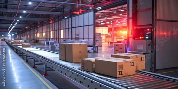Obraz Efficient package sorting in a modern warehouse industrial setting high-resolution image dynamic environment aerial view