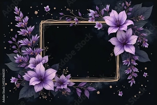 Fototapeta Solid black invitation background with flowing ink-style lavender florals. 