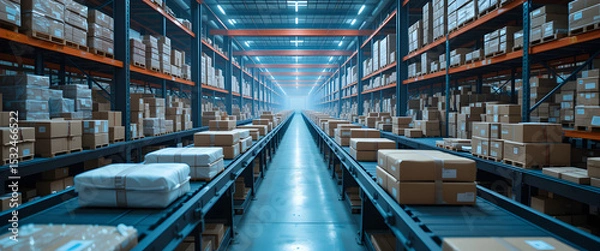 Obraz Efficient package sorting process modern warehouse industrial environment aisle view logistics and distribution