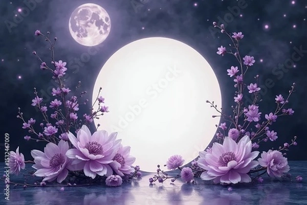 Fototapeta Pure obsidian invitation backdrop with violet watercolor florals in a moonlit glow. 
