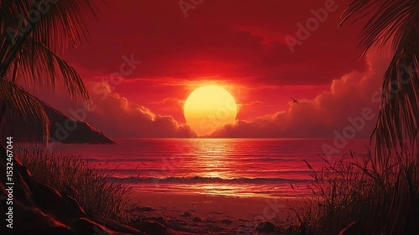Fototapeta Red sunset on ocean beach with palms, rocks and golden light. Perfect for travel blogs, tropical themes, or calming relaxation.
