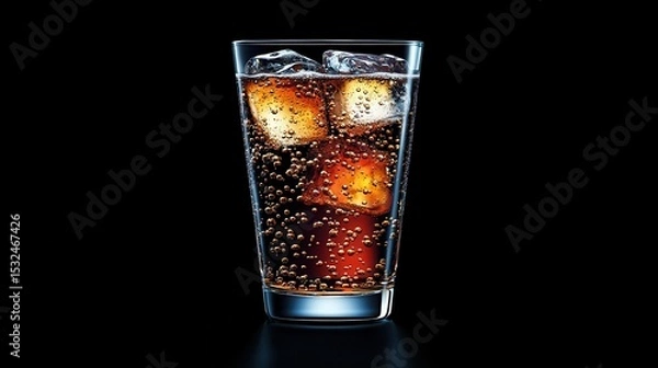 Fototapeta Fizzy drink with ice cubes in a glass, isolated on black background. Perfect for illustrating thirst, refreshment, or beverage advertisements.