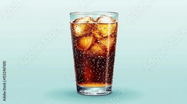 Fototapeta Cold drink with ice cubes and many bubbles in a clear glass. Great for advertising drink products or any summer themed content.