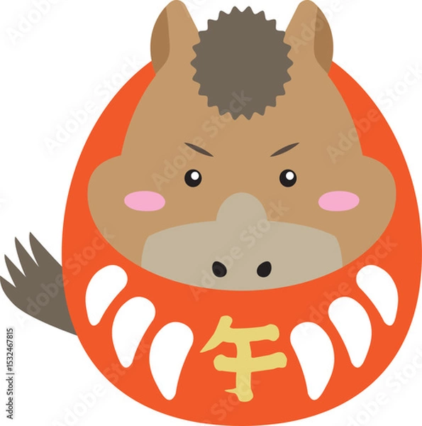 Fototapeta 午年の馬キャラがだるまに変身・お正月の縁起物イラスト