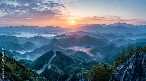 Fototapeta The Great Wall of China at sunrise,panoramic view