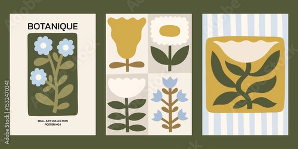 Fototapeta Neutral colors floral vector posters set. Minimalist print designs with flowers and abstract plants in blocks, on striped background