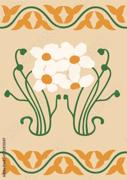 Fototapeta Art Nouveau style illustration vector poster. Vintage print design with whimsical flowers and floral borders