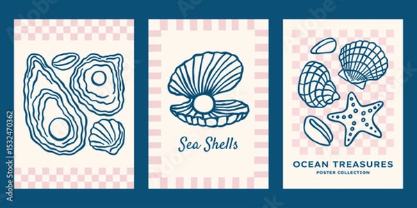 Fototapeta Ocean shells underwater vector posters set. Minimalist retro sea print designs with outline seashells illustrations
