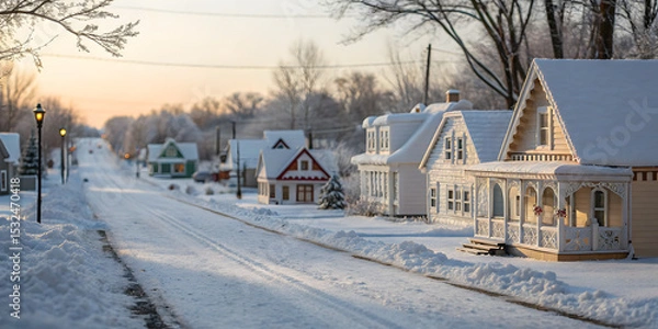 Obraz Winter wonderland scene quaint village snowy landscape evening light captivating view charming atmosphere