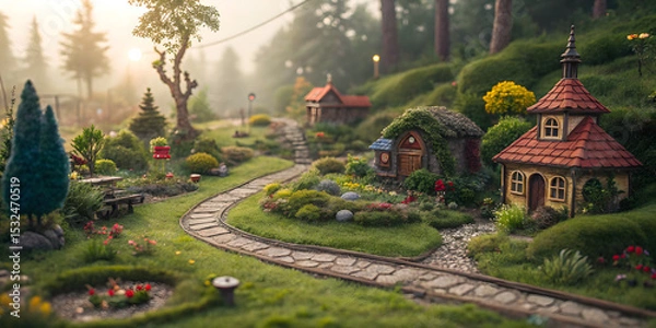 Obraz Enchanting miniature village pathway serene forest scenic photography tranquil nature close-up view whimsical environment