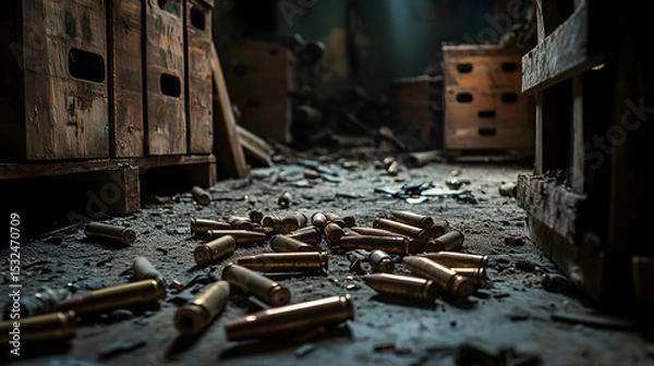 Obraz Abandoned warehouse with scattered bullet casings on dusty floor