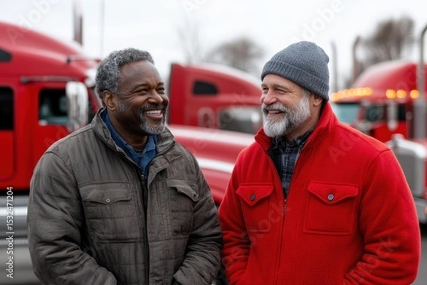 Obraz Two mature truckers sharing a laugh near red trucks – ideal for themes of camaraderie, trucking life or driver community
