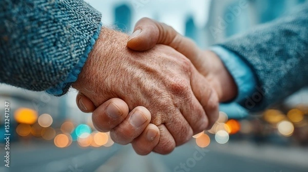 Obraz Close-up of a handshake between senior men in cityscape – ideal for business partnership visuals, senior collaboration or retirement planning