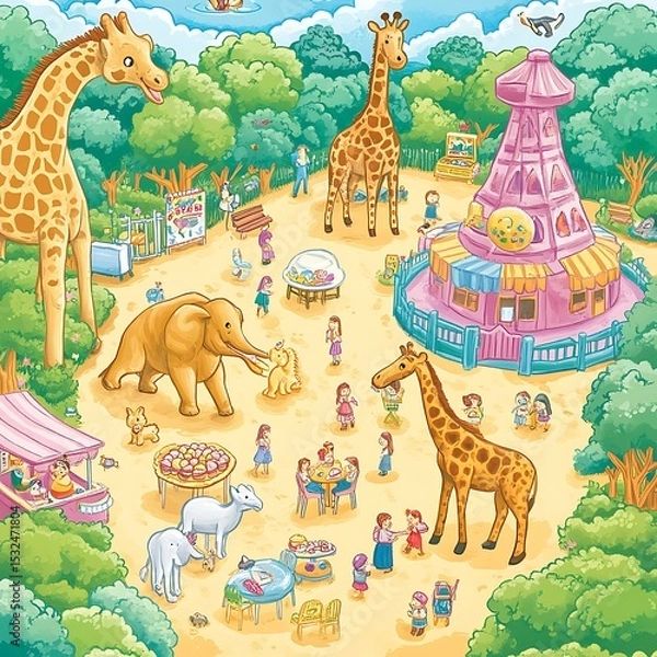 Fototapeta Crayon-style zoo with kids feeding animals and ice cream stands