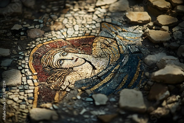 Obraz Ancient mosaic artwork of female figure with intricate stone patterns