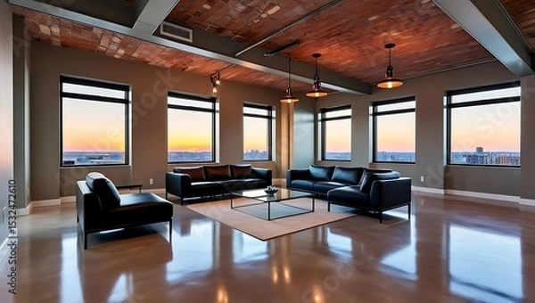 Fototapeta Modern loft-style condo with polished concrete floors, exposed ceilings, minimalist leather furniture, and industrial lighting

