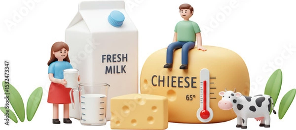 Obraz Cartoon characters with milk carton cheese and cow A measuring cup shows milk Thermometer reads 65