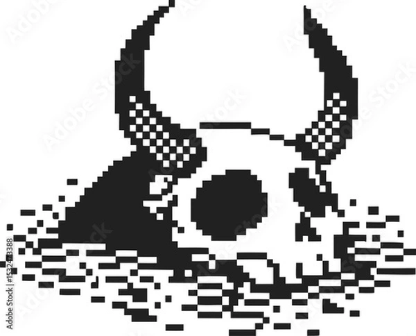 Fototapeta Retro pixel art skull with large horns and scattered debris, black and white nostalgic death fantasy illustration