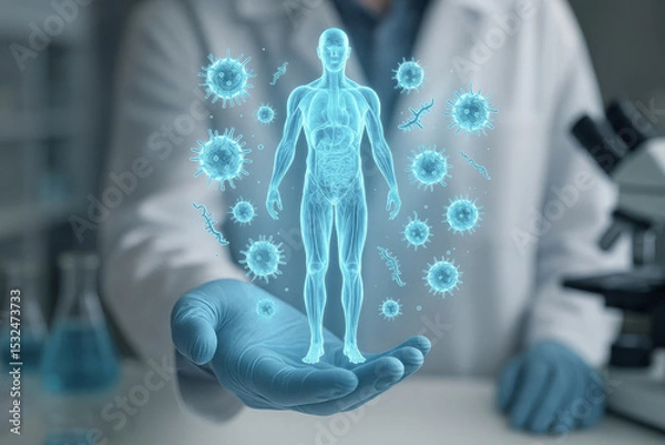 Fototapeta Human immune system hologram with virus and bacteria particles floating above gloved hand in laboratory setting, symbolizing health protection and medical research