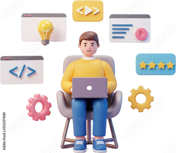 Obraz 3D illustration Person working on laptop with website design elements coding