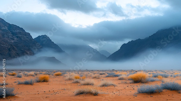 Fototapeta Wadi Rum desert, Jordan, The Valley of the Moon. Orange sand, haze, clouds