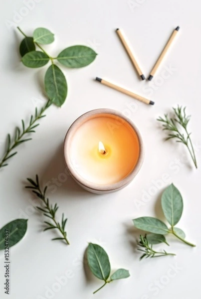 Fototapeta Candlelight Harmony: An aromatic candle burns gently amidst sprigs of rosemary, rose leaves and matches creating a soothing harmony of light and nature.