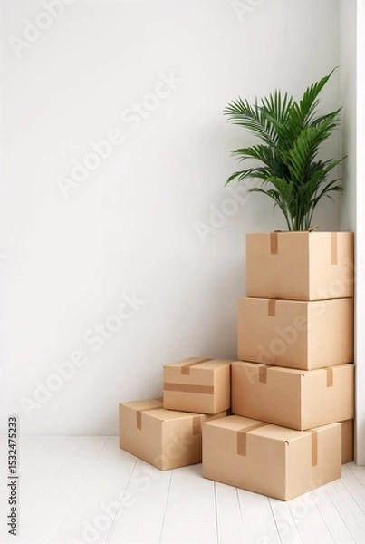 Obraz Boxes with Plant: Stack of cardboard boxes with a potted plant on top, creating a minimalist and functional display against a wall.