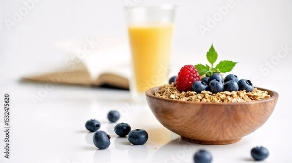 Fototapeta Healthy Breakfast Bowl: A rustic wooden bowl brimming with granola, blueberries, and a raspberry, garnished with fresh mint, sits beside a glass of orange juice and an open book.