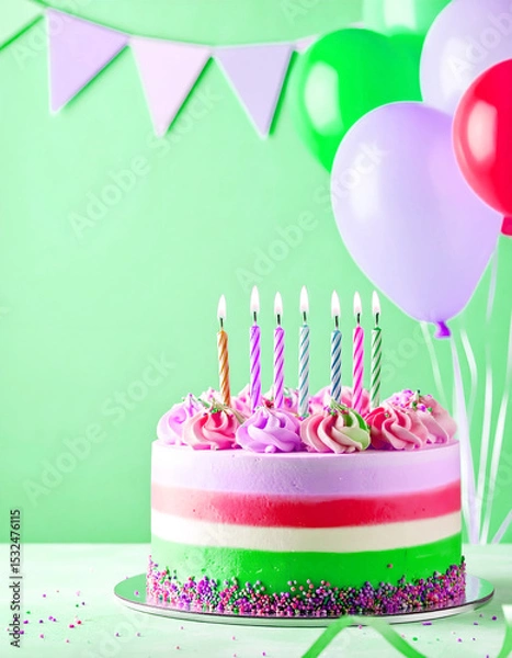 Obraz A festive three-layer birthday cake with pink, green, and white frosting is adorned with lit candles, colorful sprinkles, and vibrant balloons against a light green background