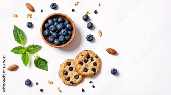 Fototapeta Sweet Blueberry Treats: An enticing overhead shot features a wooden bowl overflowing with fresh, ripe blueberries, alongside delectable chocolate chip cookies and scattered nuts. This composition.