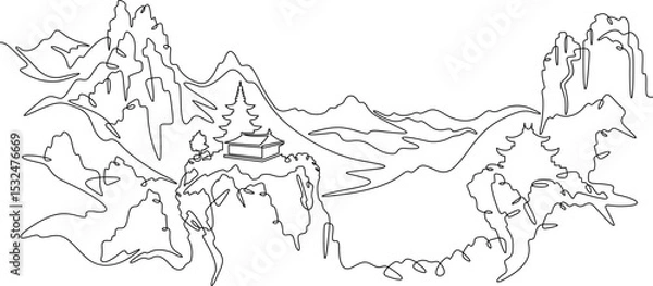 Fototapeta Continuous one line drawing temple in the mountains. Church on a rocky cliff. Religious building against the backdrop of nature. One continuous line isolated minimal illustration.Not AI.