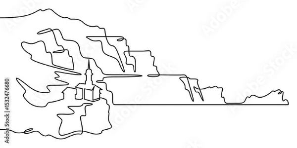 Fototapeta Continuous one line drawing temple in the mountains. Church on a rocky cliff. Religious building against the backdrop of nature. One continuous line isolated minimal illustration.Not AI.