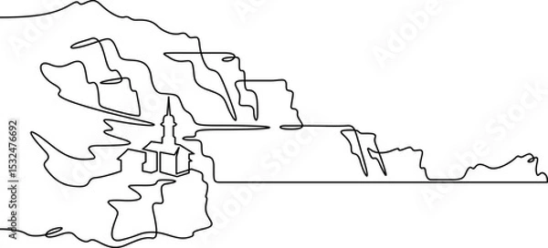 Fototapeta Continuous one line drawing temple in the mountains. Church on a rocky cliff. Religious building against the backdrop of nature. One continuous line isolated minimal illustration.Not AI.