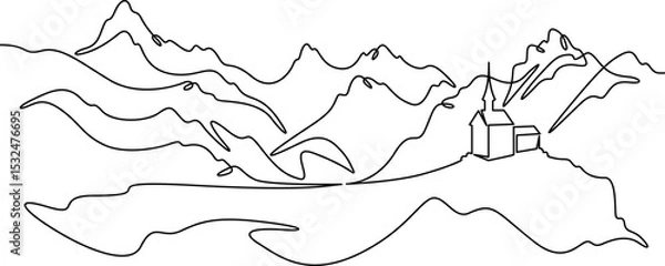 Fototapeta Continuous one line drawing temple in the mountains. Church on a rocky cliff. Religious building against the backdrop of nature. One continuous line isolated minimal illustration.Not AI.