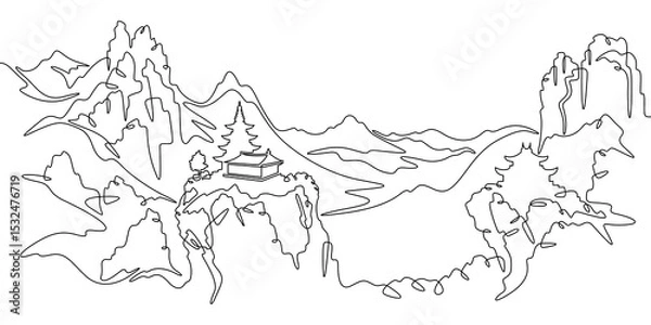 Fototapeta Continuous one line drawing temple in the mountains. Church on a rocky cliff. Religious building against the backdrop of nature. One continuous line isolated minimal illustration.Not AI.