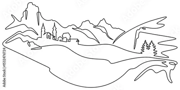 Fototapeta Continuous one line drawing temple in the mountains. Church on a rocky cliff. Religious building against the backdrop of nature. One continuous line isolated minimal illustration.Not AI.