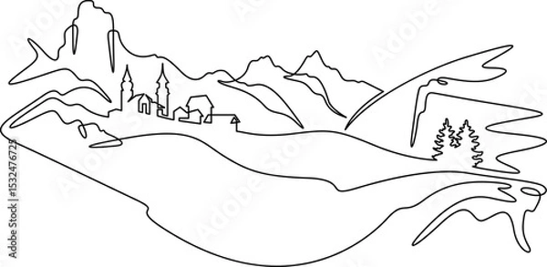 Fototapeta Continuous one line drawing temple in the mountains. Church on a rocky cliff. Religious building against the backdrop of nature. One continuous line isolated minimal illustration.Not AI.
